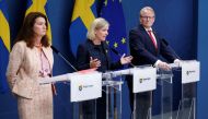 Swedish Foreign Minister Ann Linde, Prime Minister Magdalena Andersson and Defense Minister Peter Hultqvist hold a news conference about the gas leak in the Baltic Sea from Nord Stream, in Stockholm, Sweden, on September 27, 2022. TT News Agency/Fredrik Persson via REUTERS 