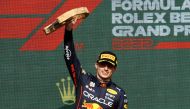 
Red Bull's Max Verstappen celebrates on the podium after winning the Belgian Grand Prix at the Spa-Francorchamps, Spa, Belgium, on August 28, 2022.  REUTERS/Stephane Mahe