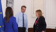 Greek Prime Minister Kyriakos Mitsotakis welcomes President of Google Cloud International Adaire Fox-Martin at the Maximos Mansion in Athens, Greece, on September 29, 2022. REUTERS/Costas Baltas
