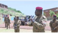 President of Burkina Faso Lieutenant Colonel Paul-Henri Damiba visits 14th Inter-Arms Regiment soldiers in Djibo, Burkina Faso September 29, 2022 in this still image obtained from a video. Burkina Faso Presidency/REUTERS TV via REUTERS.