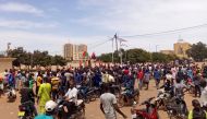 Soldiers block the road to stop the advance of protesters against junta leader Paul-Henri Damiba, on a street in Ouagadougou, Burkina Faso on September 30, 2022. REUTERS/Vincent Bado