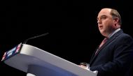 British Defense Minister Ben Wallace speaks during the annual Conservative Party conference in Birmingham, Britain, on October 2, 2022. (REUTERS/Toby Melville)