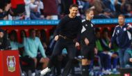 Bayer Leverkusen coach Xabi Alonso celebrates their first goal scored by Moussa Diaby during the Bundesliga match against Schalke 04 at the BayArena, Leverkusen, Germany, on October 8, 2022.  REUTERS/Kai Pfaffenbach
