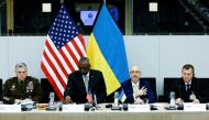 Ukraine's Major General Eduard Moskaliov, Ukraine's Defense Minister Oleksiy Reznikov, US Secretary of Defense Lloyd Austin and US Chairman of the Joint Chiefs of Staff General Mark A. Milley attend a meeting of the Ukraine Defence Contact Group during a NATO defence ministers meeting at the Alliance's headquarters in Brussels, Belgium, on October 12, 2022. REUTERS/Yves Herman