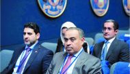 Minister of Finance H E Ali bin Ahmed Al Kuwari (right) and Governor of Qatar Central Bank H E Sheikh Bandar bin Mohammed bin Saoud Al Thani (left), participate in the plenary session of the International Monetary Fund (IMF) and the World Bank Group (WBG), held in DAR Constitution Hall in Washington, DC, as part of the 2022 annual meetings.

