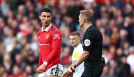 Manchester United's Cristiano Ronaldo reacts after he is shown a yellow card by referee Craig Pawson during their EPL match against Newcastle United at the Old Trafford, Manchester, Britain, on October 16, 2022. REUTERS/David Klein 