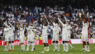 Real Madrid players applaud fans after the El Clasico match against Barcelona at the Santiago Bernabeu, Madrid, Spain, on October 16, 2022.   REUTERS/Susana Vera