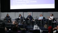 Participants  during a panel discussion at the sports journalism conference at Northwestern Qatar.