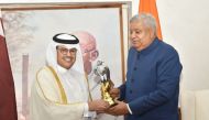 Vice-President of India H E Jagdeep Dhankhar honouring Ambassador of Qatar to India H E Mohammed bin Khater Al Khater.