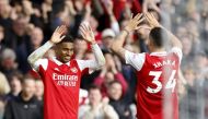 Arsenal's Reiss Nelson celebrates scoring their third goal with Granit Xhaka during the Premier League match against  Nottingham Forest at the Emirates Stadium, London, on October 30, 2022.  Action Images via Reuters/Peter Cziborra
