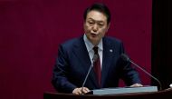 South Korean President Yoon Suk-yeol speaks on the government budget at the National Assembly in Seoul, South Korea, 25 October 2022. (JEON HEON-KYUN/Pool via REUTERS)