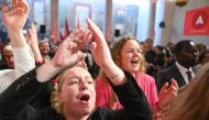 Supporters of the Social Democratic Party react to exit polls during the post-election partyin Copenhagen, Denmark, on November 2, 2022. - Denmark's Social Democrat Prime Minister Mette Frederiksen clung to power in the November 1 general election after the country's left-wing bloc won a one-seat majority, final results showed. (Photo by Jonathan NACKSTRAND / AFP)
