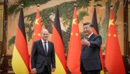Chinese President Xi Jinping (right) welcomes German Chancellor Olaf Scholz at the Great Hall of the People in Beijing on November 4, 2022. (AFP/Kay Nietfeld)