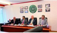 Minister of Labour H E Dr. Ali bin Smaikh Al Marri during a meeting with Arab representatives to the International Labour Organization in Geneva. 