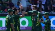 Pakistan's Shaheen Shah Afridi (C) celebrates his wicket of Bangladesh's Taskin Ahmed with teammates at Adelaide Oval on November 6, 2022. Photo by Brenton Edwards / AFP