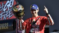 Ducati Lenovo's Francesco Bagnaia celebrates after winning the world championship at the Valencia Grand Prix at Circuit Ricardo Tormo, Valencia, Spain, on November 6, 2022. 
REUTERS/Pablo Morano