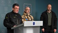 (From L to R) Secretary of the National Security and Defence Council of Ukraine Oleksiy Danilov, Ukrainian Minister of Defence Oleksii Reznikov and the Ukrainian Prime Minister Denys Shmyhal hold a press conference in Kyiv on November 7, 2022. (AFP/Sergei Supinsky)