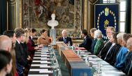 Sweden's Crown Princess Victoria, King Carl Gustaf, Speaker of the Riksdag Andreas Norlen and Prime Minister-elect Ulf Kristersson attend the change of government council at the Royal Palace, in Stockholm, Sweden, October 18, 2022. TT News Agency/Jessica Gow via Reuters 
