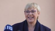 Slovenian presidential candidate Natasa Pirc Musar speaks to the media during the second round of presidential elections in Radomlje, Slovenia, November 13, 2022. (REUTERS/Borut Zivulovic)