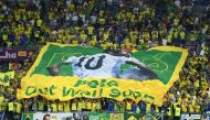 Fans inside the stadium hold up a banner of former Brazil player Pele with the message get well soon during the FIFA World Cup Qatar 2022 Round of 16 between Brazil and South Korea at Stadium 974, Doha, Qatar, on December 5, 2022. REUTERS/Annegret Hilse
