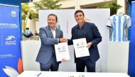 Ahmed Abdelaal, Group Chief Executive Officer of Mashreq, with former Argentinian star Javier Zanetti during the sponsorship signing ceremony, yesterday. Pic: Abdul Basit