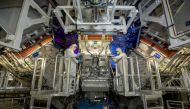 National Ignition Facility (NIF) Target Area operators inspect a final optics assembly (FOA) during a routine maintenance period at Lawrence Livermore National Laboratory federal research facility in Livermore, California, United States in an undated photograph. Jason Laurea/Lawrence Livermore National Laboratory/Handout via Reuters 