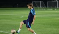 Croatia's Luka Modric takes part in a training session at Al Erssal Training Site 3 in Doha on December 15, 2022, ahead of their third place play-off match against Morocco on December 17 during the Qatar 2022 World Cup football tournament. (Photo by JACK GUEZ / AFP)
