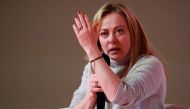 Italian Prime Minister and leader of Brothers of Italy party Giorgia Meloni speaks during an event to mark the 10th anniversary of the foundation of Brothers of Italy party in Rome, Italy, December 17, 2022. REUTERS/Remo Casilli
