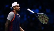 This file photo taken on November 14, 2022 shows Australia's Nick Kyrgios reacting during his men's double round-robin match with Australia's Thanasi Kokkinakis against Britain's Neal Skupski and The Netherlands Wesley Koolhof at the ATP Finals tennis tournament in Turin. Photo by Marco BERTORELLO / AFP