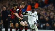 Leeds United's Wilfried Gnonto in action with Manchester City's Rico Lewis and Kevin De Bruyne during the English Premier League match against Leeds United at Elland Road, Leeds, on December 28, 2022.   REUTERS/Molly Darlington