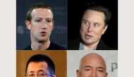 This combination of file pictures created on December 28, 2022 shows (L-R, top to bottom, Facebook founder Mark Zuckerberg; Twitter and SpaceX CEO Elon Musk; CEO of Bytedance Zhang Yiming; and Amazon Founder Jeff Bezos. (AFP)