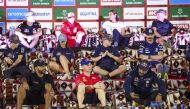 Qatar's Nasser Al Attiyah (front row, right), his navigator Mathieu Baumel (FRA), with other drivers and riders during a press conference ahead of Dakar 2023 at Sea Camp near Yanbu, Saudi Arabia. Pic: Dakar.com/DPPI