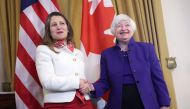 US Treasury Secretary Janet Yellen meets with Deputy Prime Minister and Finance Minister of Canada Chrystia Freeland at the Department of the Treasury in Washington, DC, on January 10, 2023. (Kevin Dietsch/Getty Images/AFP)