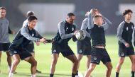 Al Sadd players during a training session, yesterday.