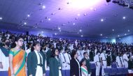 Students and officials observing 'World Hindi Day'.