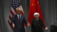 US Treasury Secretary Janet Yellen and Chinese vice-premier Liu He and their respective delegations wait ahead of their meeting in Zurich, on January 18, 2023. (Photo by SEBASTIEN BOZON / AFP)