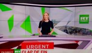 This file photo taken in Paris on March 2, 2022 shows RT France network last live emission due to a european union decision after the Russia's invasion of Ukraine. - Moscow will retaliate against French media in Russia after the bank accounts of RT France, the French arm of its state broadcaster, were frozen, Russian news agencies reported on January 21, 2023. (Photo by Ludovic MARIN / AFP)