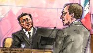 Tesla CEO Elon Musk is questioned by the investors' attorney Nicholas Porritt during a securities-fraud trial at federal court in San Francisco, California, US, January 23, 2023 in this courtroom sketch. (REUTERS/Vicki Behringer)