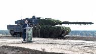 German Chancellor Olaf Scholz delivers a speech in front of a Leopard 2 tank during a visit to a military base of the German army Bundeswehr in Bergen, Germany, on October 17, 2022. File Photo / Reuters

