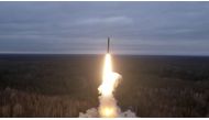 A still image from video, released by the Russian Defence Ministry, shows what it said to be Russia's Yars intercontinental ballistic missile launched during exercises held by the country's strategic nuclear forces at the Plesetsk Cosmodrome, Russia, in this image taken from handout footage released October 26, 2022. Russian Defence Ministry/Handout via REUTERS
