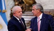 Brazil's President Luiz Inacio Lula da Silva (left) and Argentina's President Alberto Fernandez attend a bilateral agreement signing ceremony, during Lula da Silva's first official visit abroad since his inauguration, at the Casa Rosada presidential palace in Buenos Aires, Argentina, January 23, 2023. (REUTERS/Agustin Marcarian)