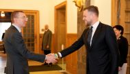 Latvia's Foreign Minister Edgars Rinkevics welcomes Lithuania's Foreign Minister Gabrielius Landsbergis, in Riga, Latvia January 31, 2023. REUTERS/Ints Kalnins