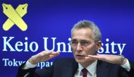 NATO Secretary General Jens Stoltenberg gestures as he answers questions during a visit and presentation at Keio University in Tokyo on February 1, 2023. (Photo by Richard A. Brooks / AFP)