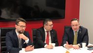 (From left) Radoslaw Fogiel, Oleksandr Merezhko and Zygimantas Pavilionis, the chairs of the parliamentary foreign affairs committee respectively of Poland, Ukraine and Lithuania, speak to reporters from the State Department Correspondents' Association at the AFP bureau in Washington, DC, on February 1, 2023. (Photo by Shaun Tandon / AFP)
