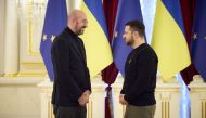 This handout picture taken and released by the Ukrainian Presidential press-service on February 3, 2023, shows the European Council President Charles Michel (L) and Ukrainian President Volodymyr Zelensky (R) standing during an EU-Ukraine summit in Kyiv. (Photo by Handout / Ukrainian presidential press-service / AFP) / RESTRICTED TO EDITORIAL USE - MANDATORY CREDIT 