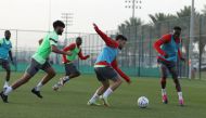 Al Duhail players in action during a training session, yesterday.