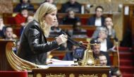French National Assembly president Yael Braun-Pivet chairs the debate regarding the draft law on pension system reform at the National Assembly in Paris, on February 6, 2023. (Photo by Ludovic Marin / AFP)