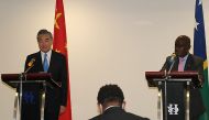 Chinese Foreign Minister Wang Yi (left) and his counterpart Solomon Islands' Jeremiah Manele at a press conference in Honiara on May 28, 2022. File photo / AFP
