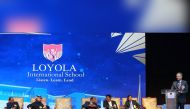 Ambassador of India to Qatar H E Dr. Deepak Mittal (addressing), and Chief Patron of Loyola International School Sheikh Ahmed Hamad A A Al Thani, with other officials during the event.