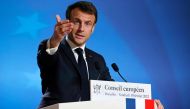 France's President Emmanuel Macron speaks during a press conference at the end of an extraordinary meeting of a EU leaders Summit at The European Council Building in Brussels on February 10, 2023. (Photo by Ludovic MARIN / AFP)